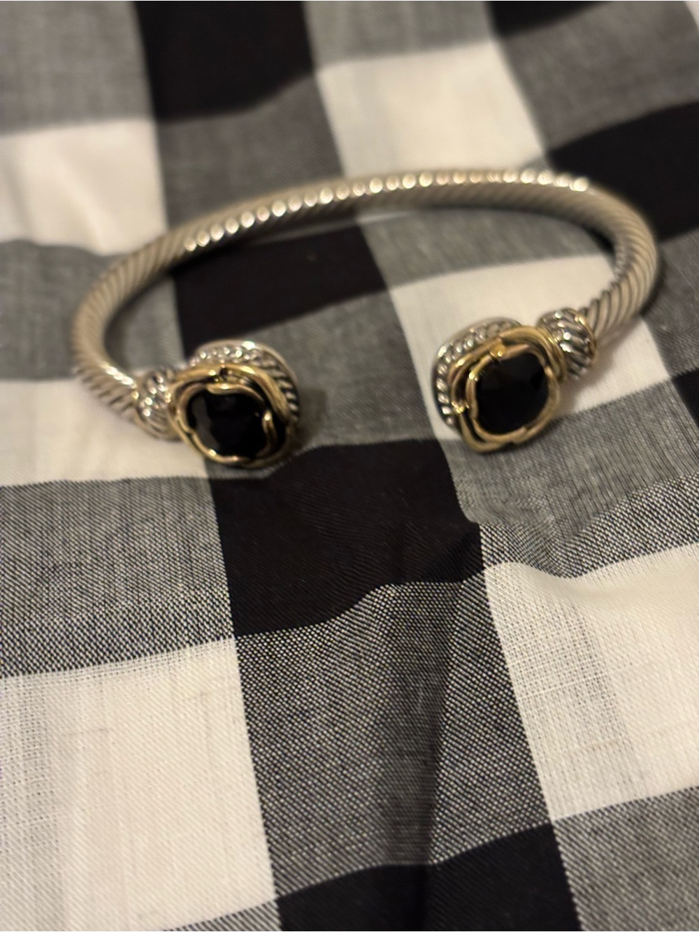 Silver Two-Tone Open Cuff Bracelet with Black Stone Ends